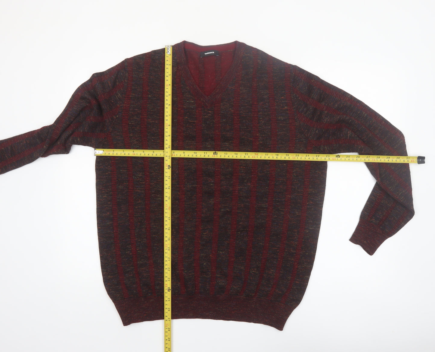 Walbusch Men's Red Striped Wool V-Neck Jumper Size L