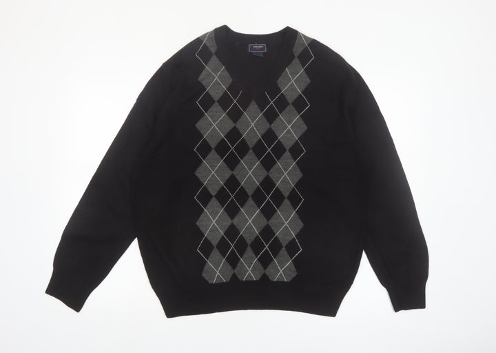 Dockers Men's Black Argyle V-Neck Acrylic Jumper Size L