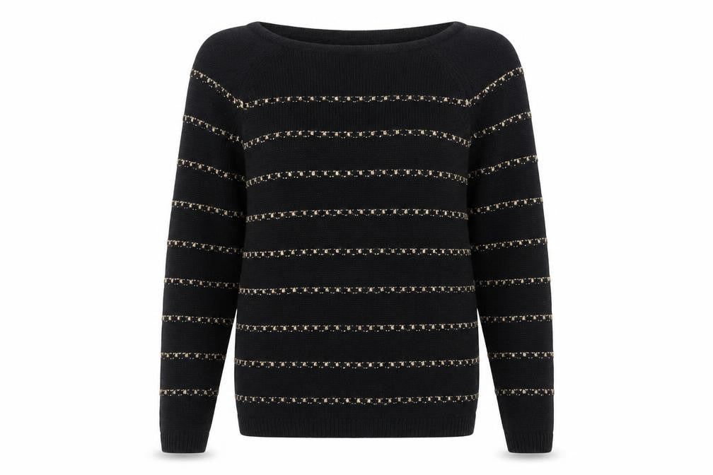 Front view of Ann Taylor Loft Women's Black Petite Medium Striped jumper