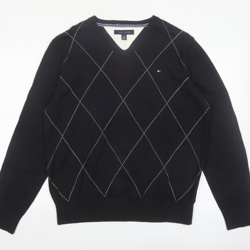 Tommy Hilfiger Men's Black Argyle V-Neck Cotton Jumper Size L