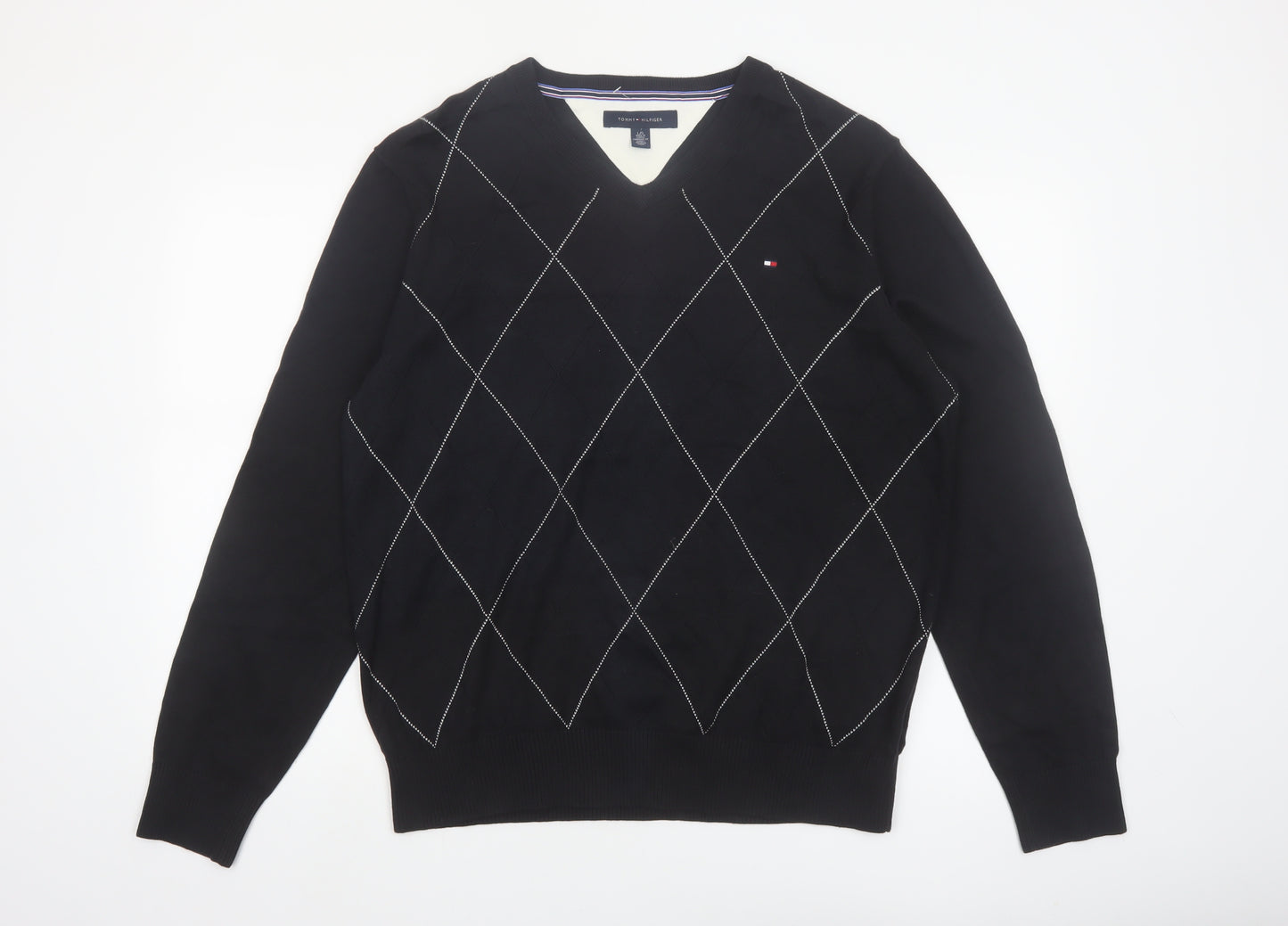Tommy Hilfiger Men's Black Argyle V-Neck Cotton Jumper Size L