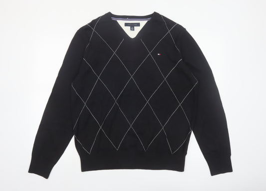 Tommy Hilfiger Men's Black Argyle V-Neck Cotton Jumper Size L