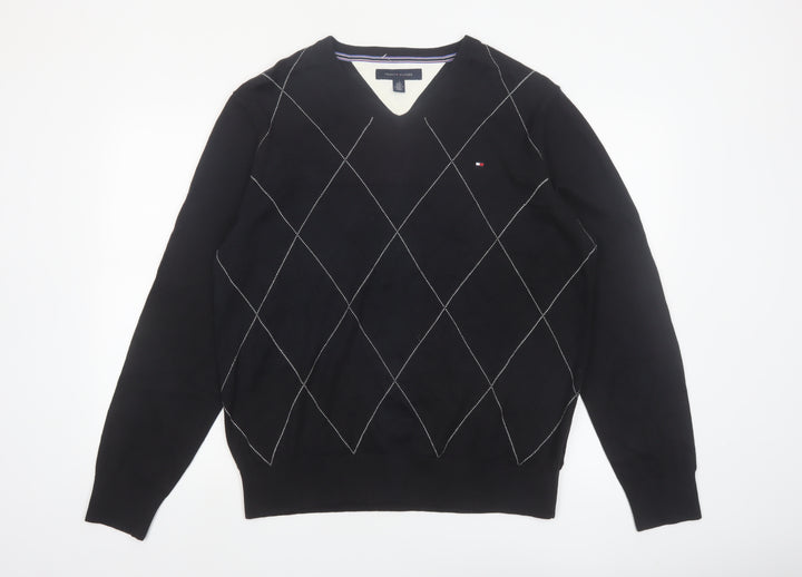 Tommy Hilfiger Men's Black Argyle V-Neck Cotton Jumper Size L
