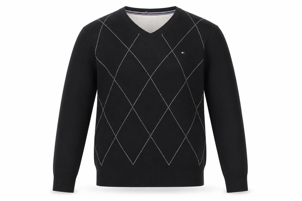 Front view of Tommy Hilfiger Men's Black Argyle V-Neck Cotton Jumper, size L