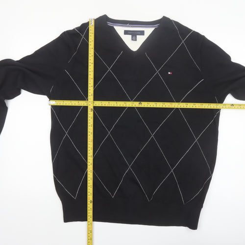 Tommy Hilfiger Men's Black Argyle V-Neck Cotton Jumper Size L
