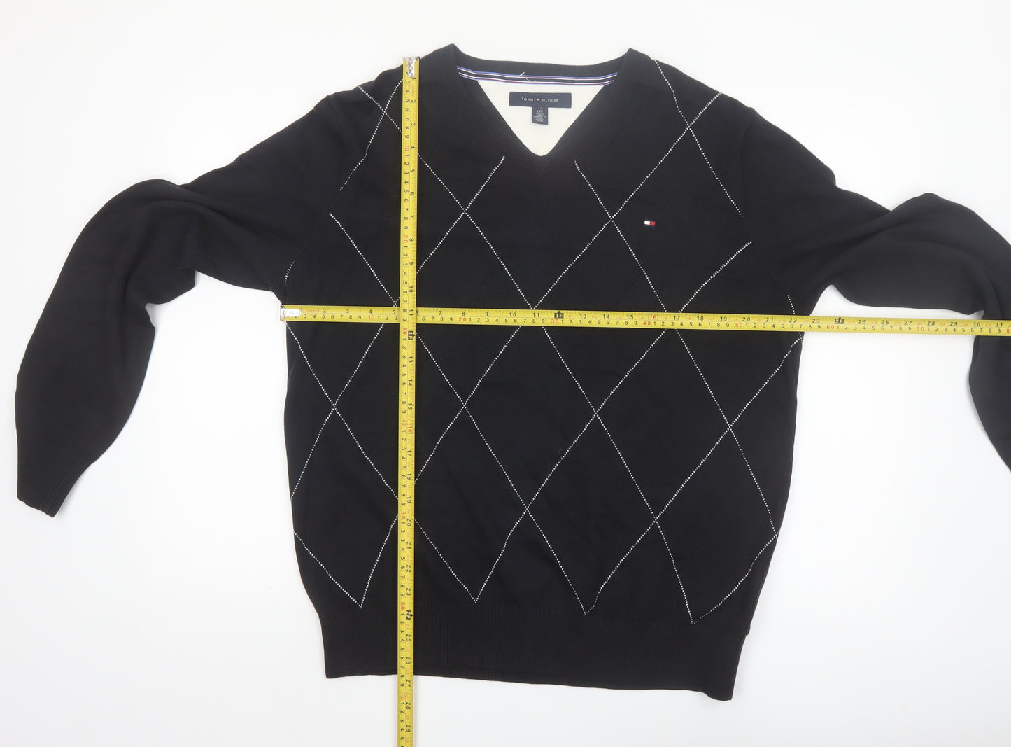 Tommy Hilfiger Men's Black Argyle V-Neck Cotton Jumper Size L