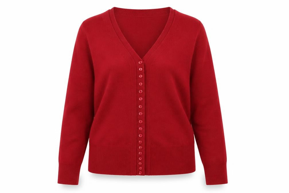 Front view of EWM Women Red Acrylic V-Neck Button Cardigan, size 10-12