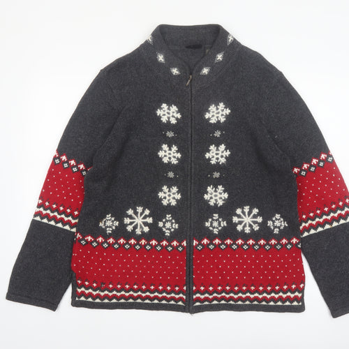 Guide Series Women Grey Red Full Zip Snowflake Cardigan L Winter Knit