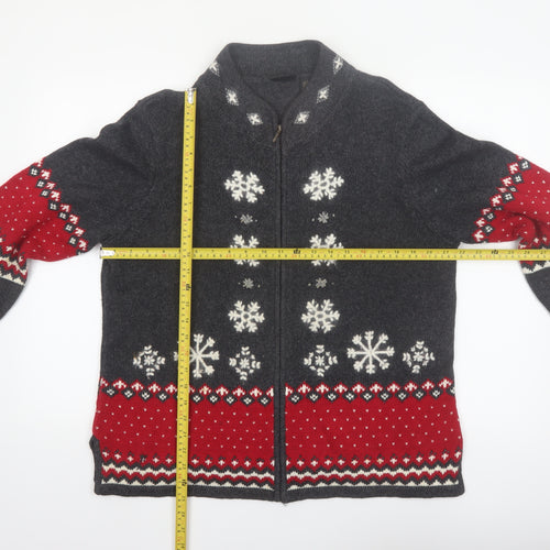 Guide Series Women Grey Red Full Zip Snowflake Cardigan L Winter Knit