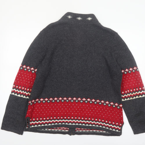 Guide Series Women Grey Red Full Zip Snowflake Cardigan L Winter Knit