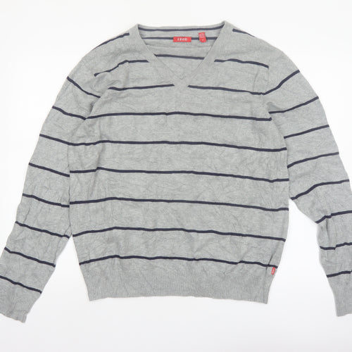 IZOD Men's Grey Striped Cotton V-Neck Jumper Size M