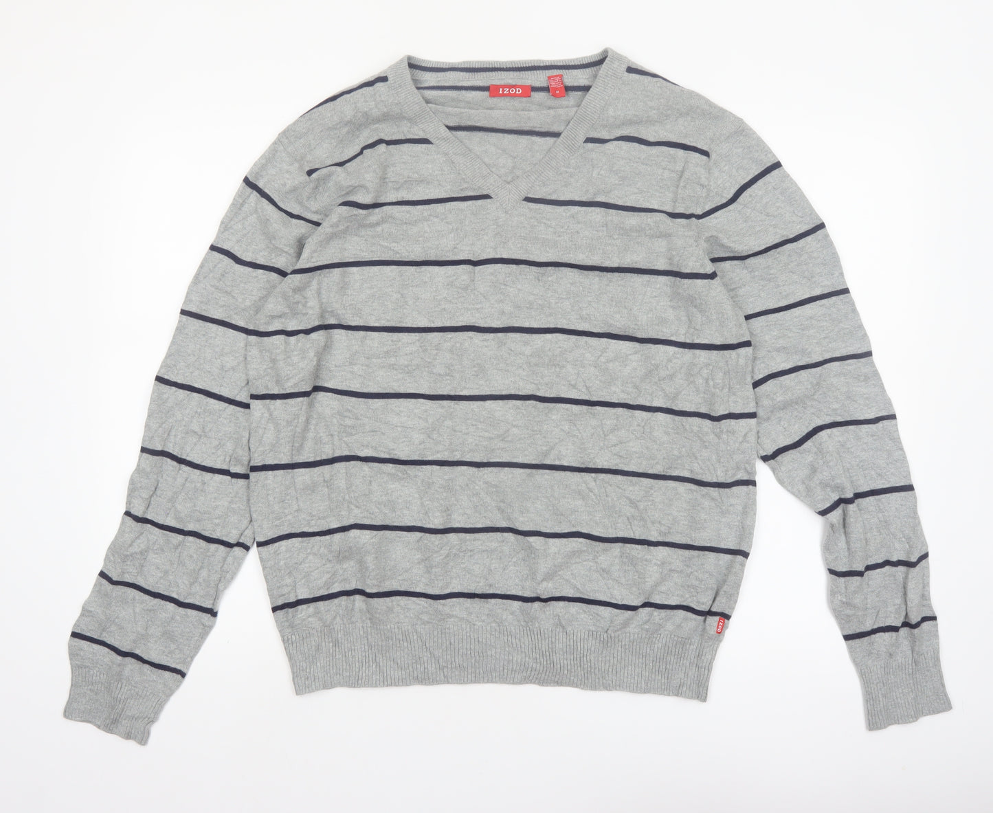 IZOD Men's Grey Striped Cotton V-Neck Jumper Size M