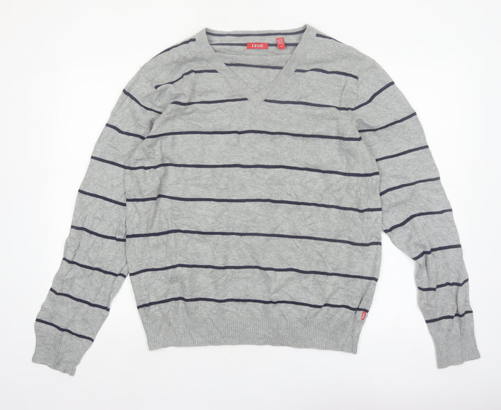 IZOD Men's Grey Striped Cotton V-Neck Jumper Size M