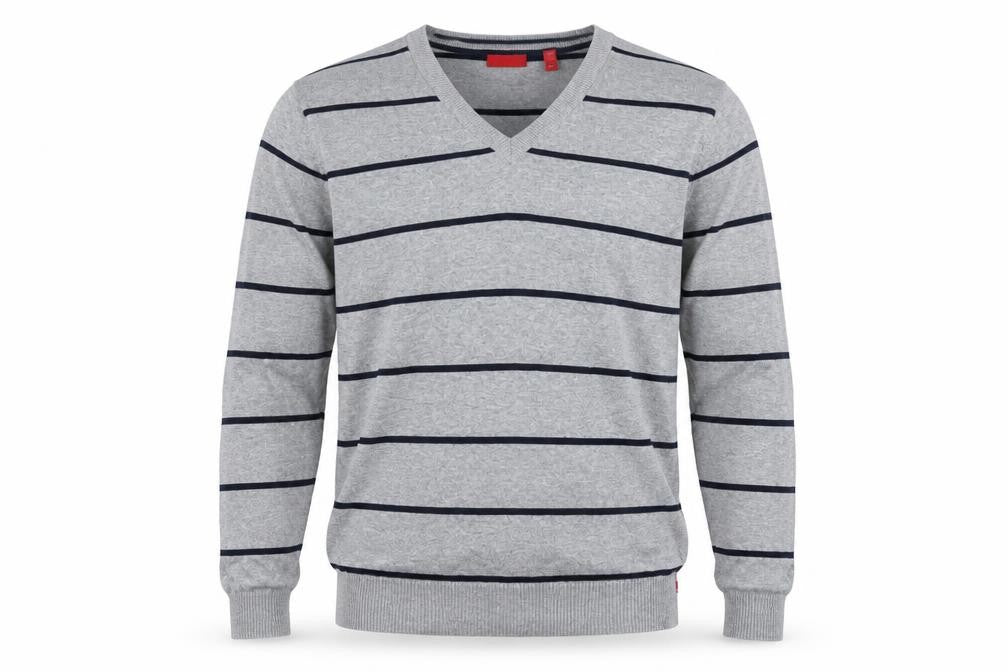 Front view of IZOD Men's Grey Striped Cotton V-Neck Jumper, size M