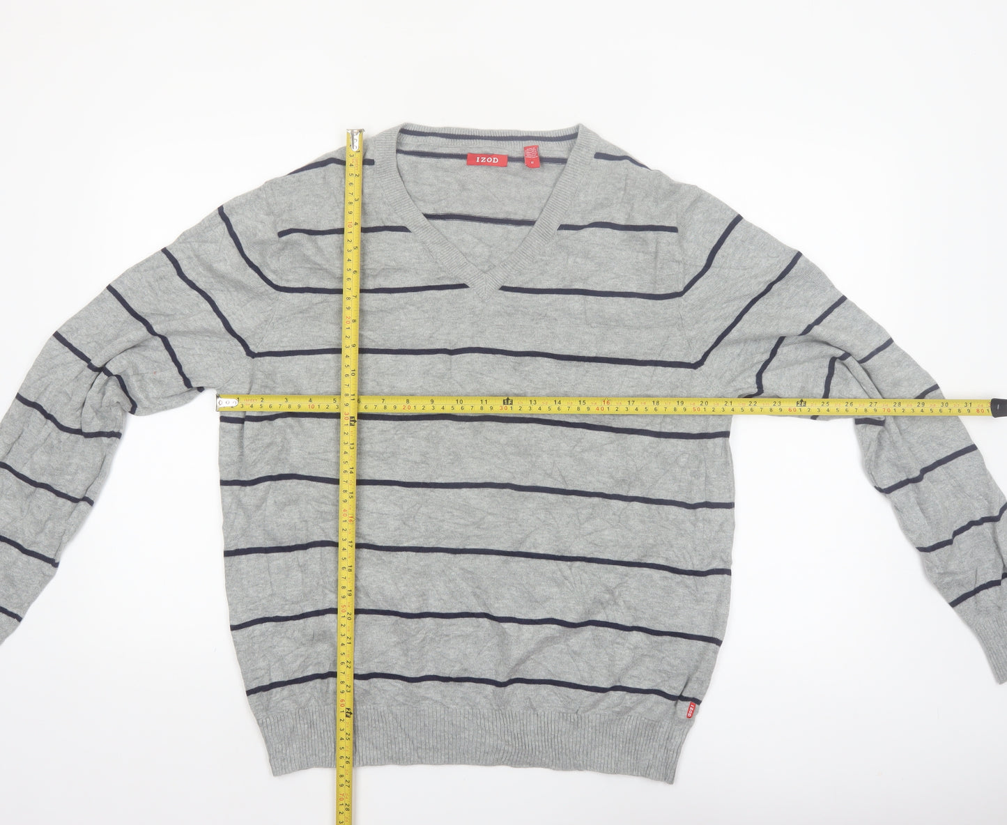 IZOD Men's Grey Striped Cotton V-Neck Jumper Size M