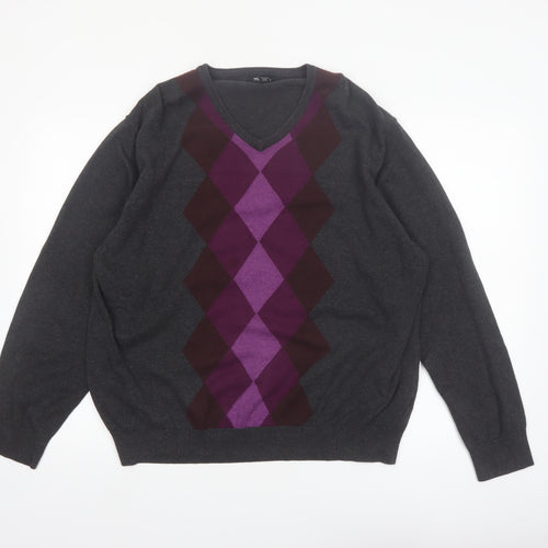 Van Heusen Men’s Grey Argyle V-Neck Cotton Jumper XL