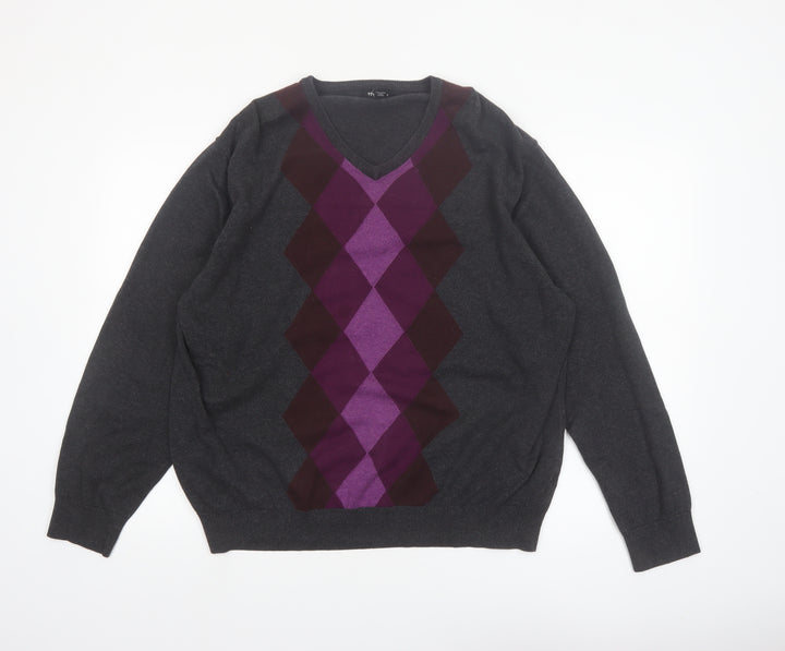 Van Heusen Men’s Grey Argyle V-Neck Cotton Jumper XL