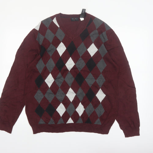 Axcess Men Red Argyle V-Neck Cotton Pullover Jumper M
