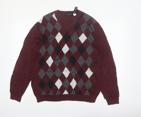 Axcess Men Red Argyle V-Neck Cotton Pullover Jumper M