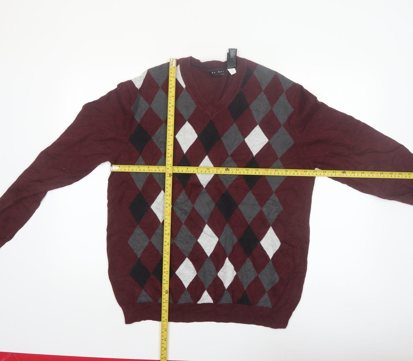 Axcess Men Red Argyle V-Neck Cotton Pullover Jumper M