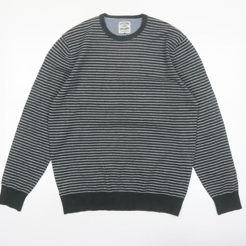 Wrangler Men's Grey Striped Cotton Blend Crew Neck Jumper L