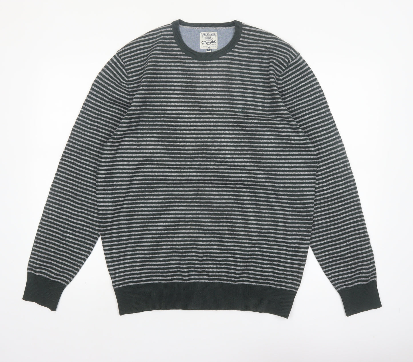 Wrangler Men's Grey Striped Cotton Blend Crew Neck Jumper L