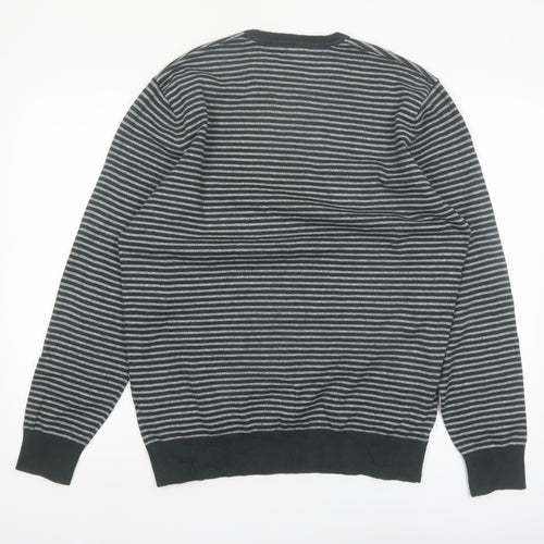 Wrangler Men's Grey Striped Cotton Blend Crew Neck Jumper L