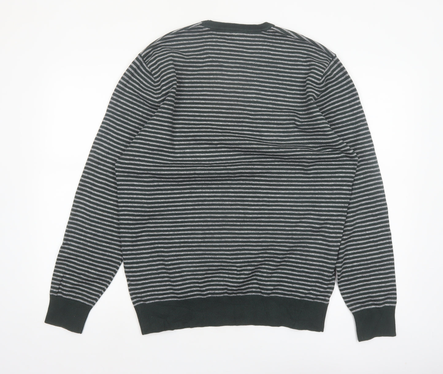Wrangler Men's Grey Striped Cotton Blend Crew Neck Jumper L