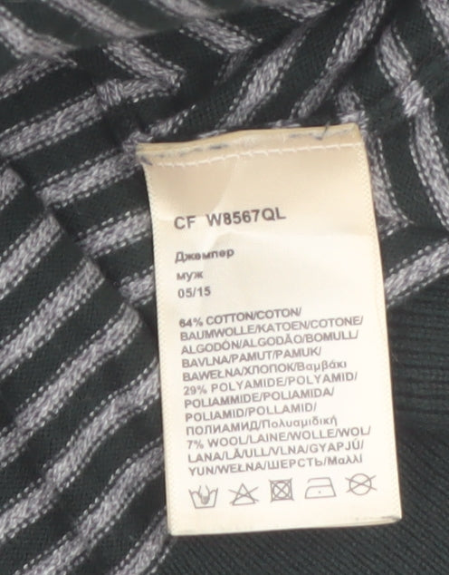 Wrangler Men's Grey Striped Cotton Blend Crew Neck Jumper L