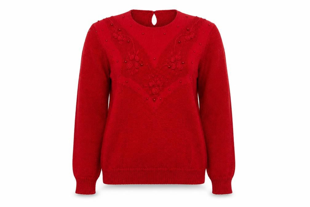 Front view of Franco Valeri Women Red XL Beaded Angora Blend jumper