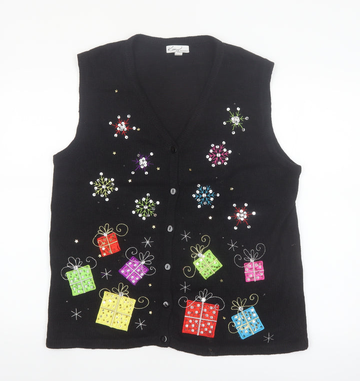 Kim Rogers Womens Black L Christmas Vest Jumper Sequin Holiday Top