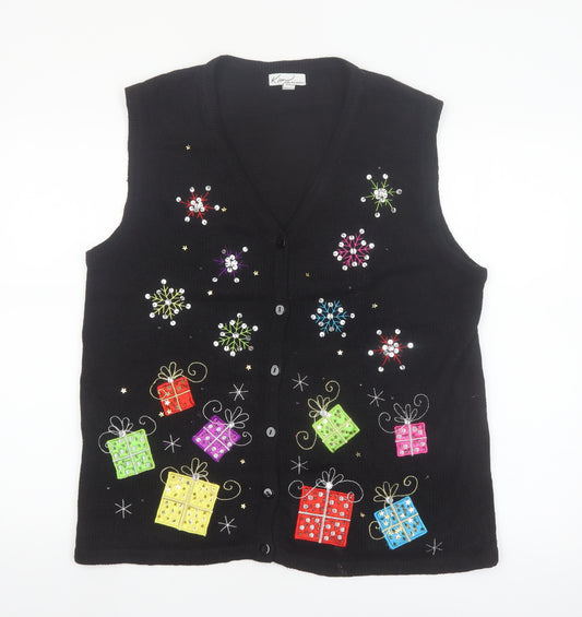 Kim Rogers Womens Black L Christmas Vest Jumper Sequin Holiday Top
