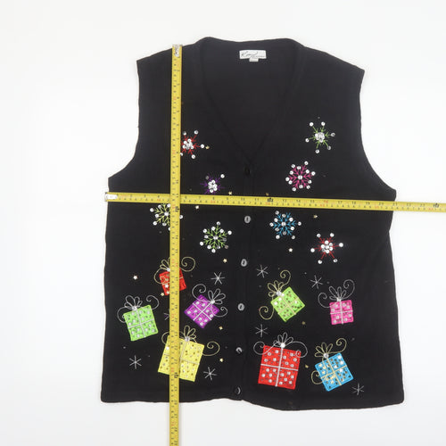 Kim Rogers Womens Black L Christmas Vest Jumper Sequin Holiday Top