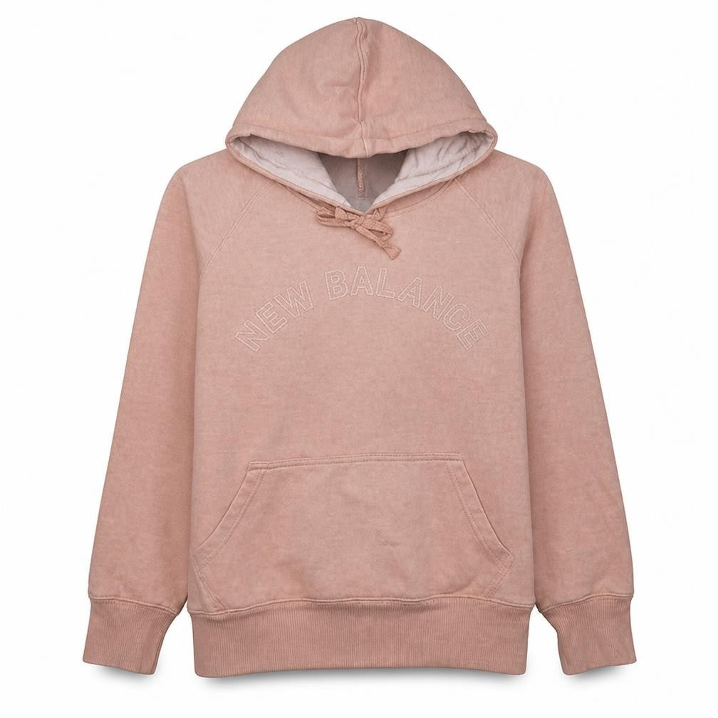 Front view of New Balance women’s pink pullover hoodie, size UK 12, cotton blend