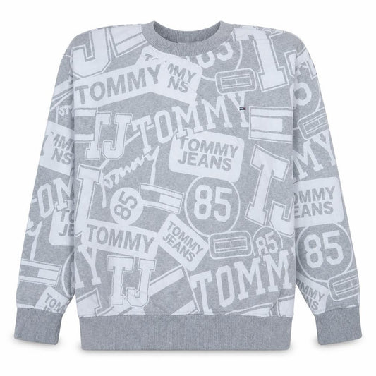 Front view of Tommy Jeans Men's Grey Oversized Crew Neck Logo Sweatshirt, size L