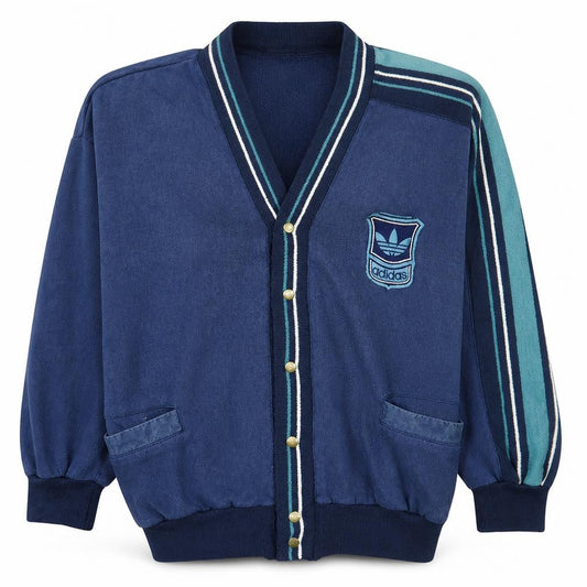 Front view of Adidas Men's Blue Vintage 80s Striped Cardigan, size M