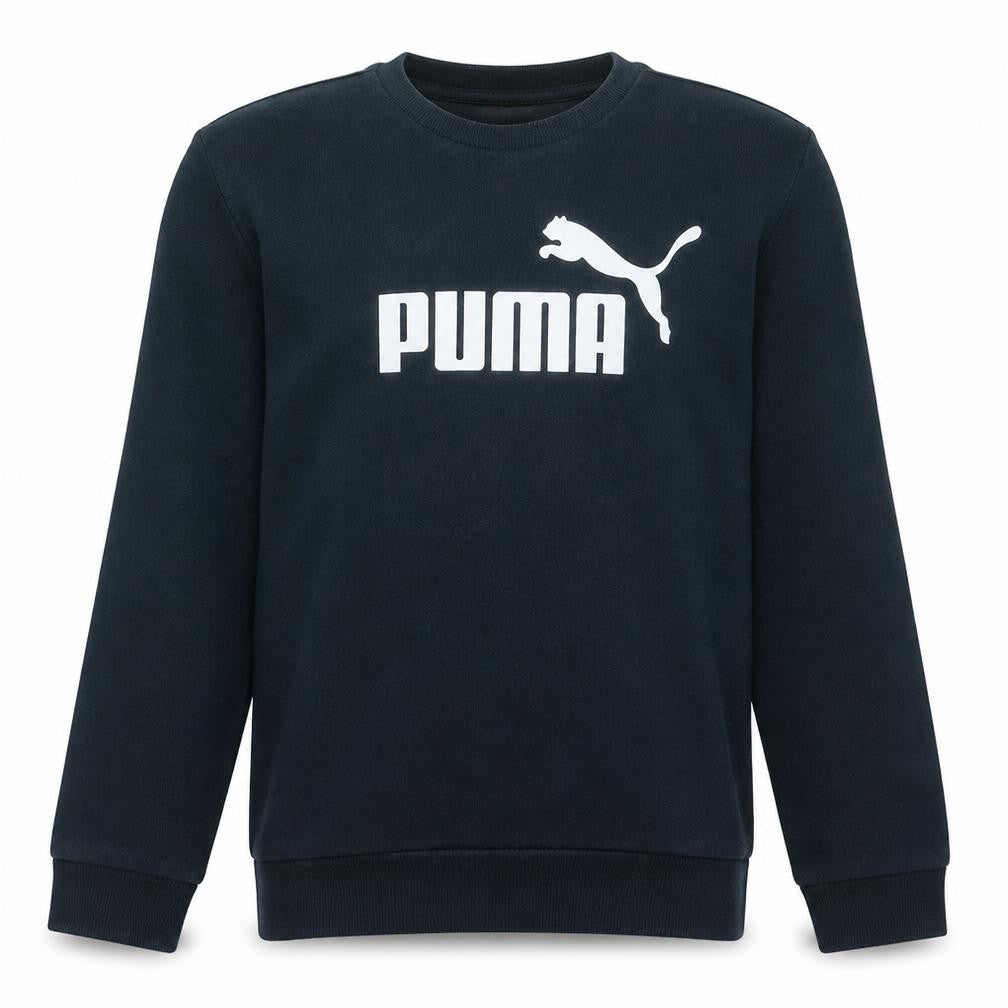 Front view of Puma boys’ black crew neck sweatshirt medium logo pullover