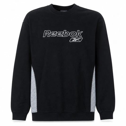 Front view of Reebok men’s black grey crew neck pullover sweatshirt, size M
