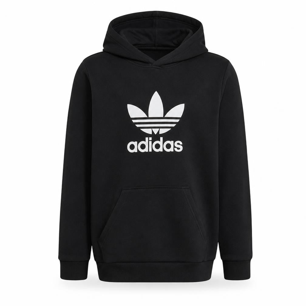 Front view of Adidas men’s black pullover hoodie m logo fleece sweatshirt