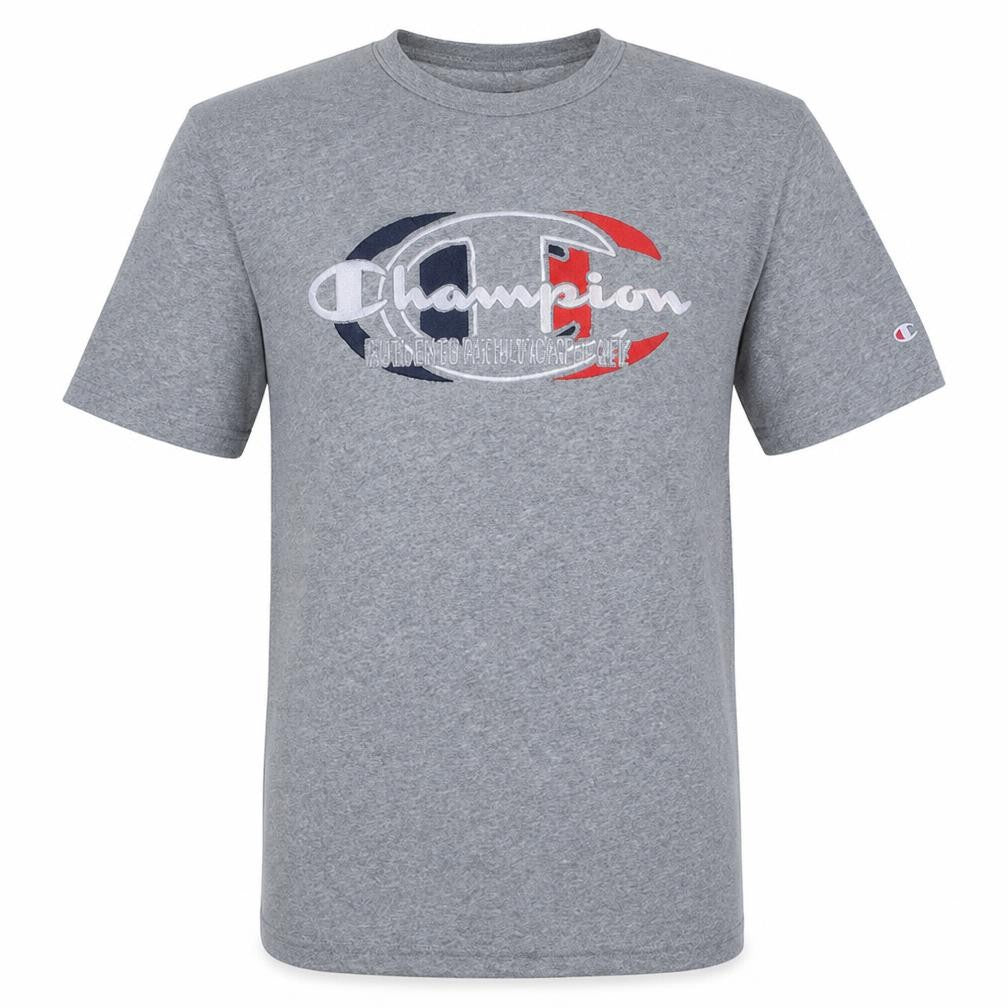 Front view of Champion Men's Grey Crew Neck Graphic T-Shirt, size M