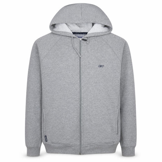 Front view of Reebok men’s grey full zip hoodie l sports fleece sweatshirt