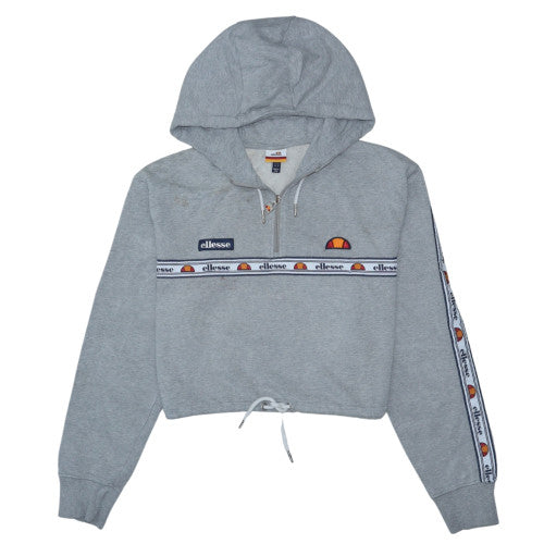 Ellesse Women Grey Crop Hoodie UK 14 1/4 Zip Logo Drawstring Pullover