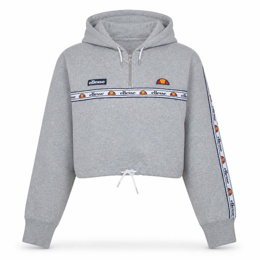 Front view of Ellesse Women Grey Crop Hoodie UK 14 1/4 Zip Logo Drawstring Pullover