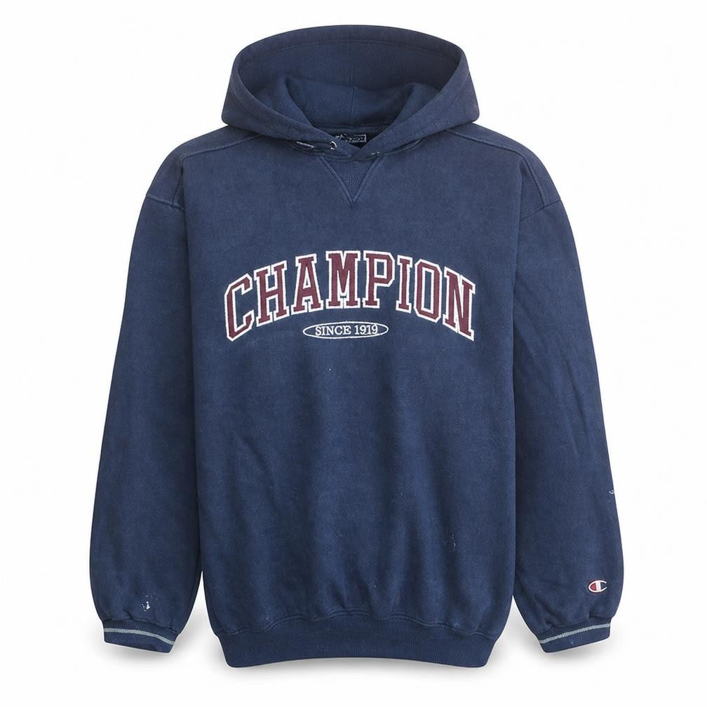 Front view of Champion Men's Blue Pullover Hoodie XL Fleece Logo Sweatshirt