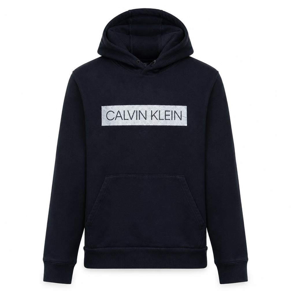 Front view of Calvin Klein Men’s Black Pullover Hoodie S Logo Fleece Sweatshirt