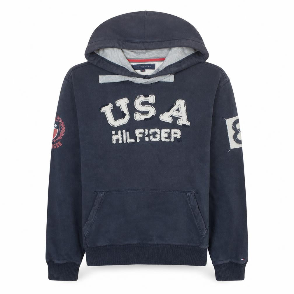 Front view of Tommy Hilfiger Men’s Navy USA Hoodie Pullover Sweatshirt L