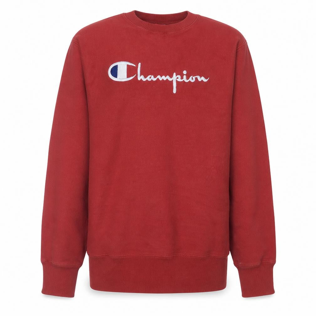 Front view of Champion boys’ red crew neck reverse weave sweatshirt medium fleece cotton