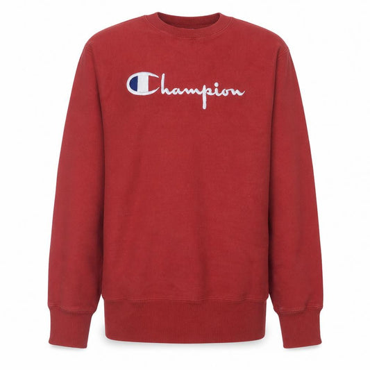 Front view of Champion boys’ red crew neck reverse weave sweatshirt medium fleece cotton