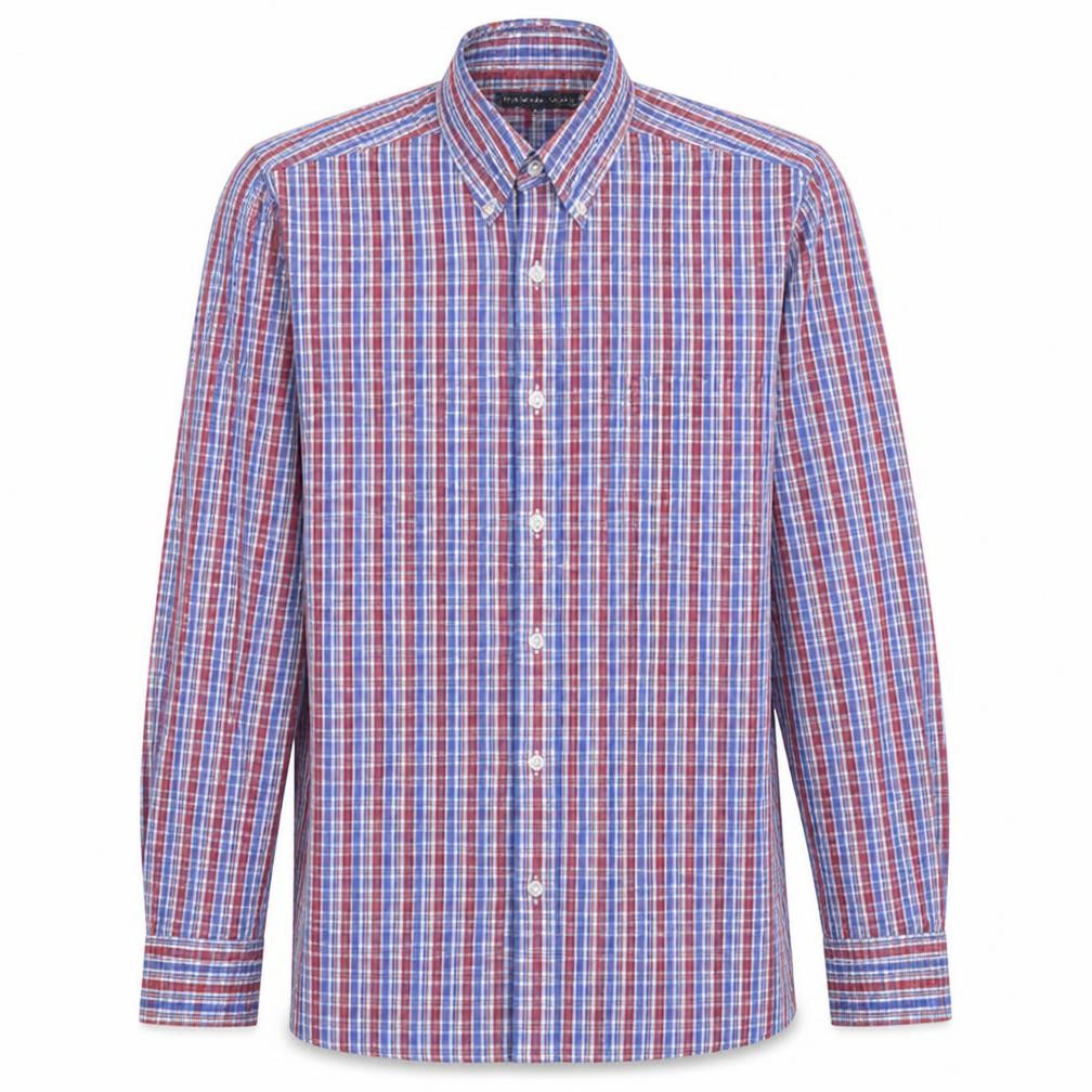 Front view of Tommy Hilfiger Men's Red Blue Checked Cotton Button-Up Shirt, size S