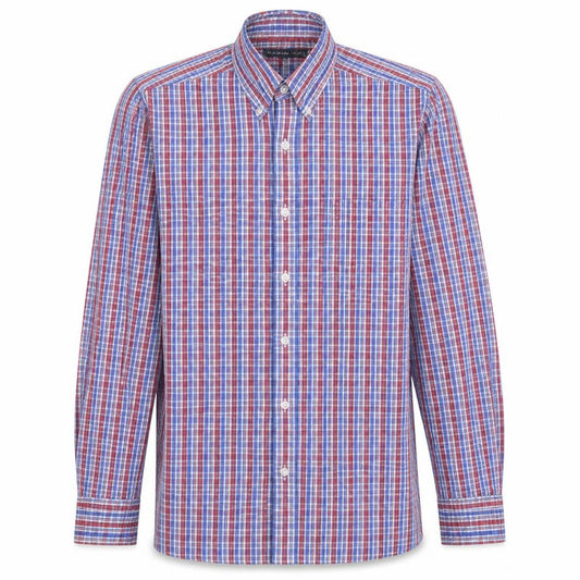 Front view of Tommy Hilfiger Men's Red Blue Checked Cotton Button-Up Shirt, size S